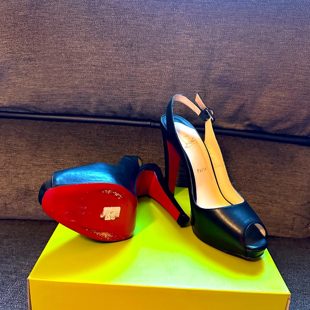 Christian Louboutin Black Leather OpenToe Sling Back  5” Heels